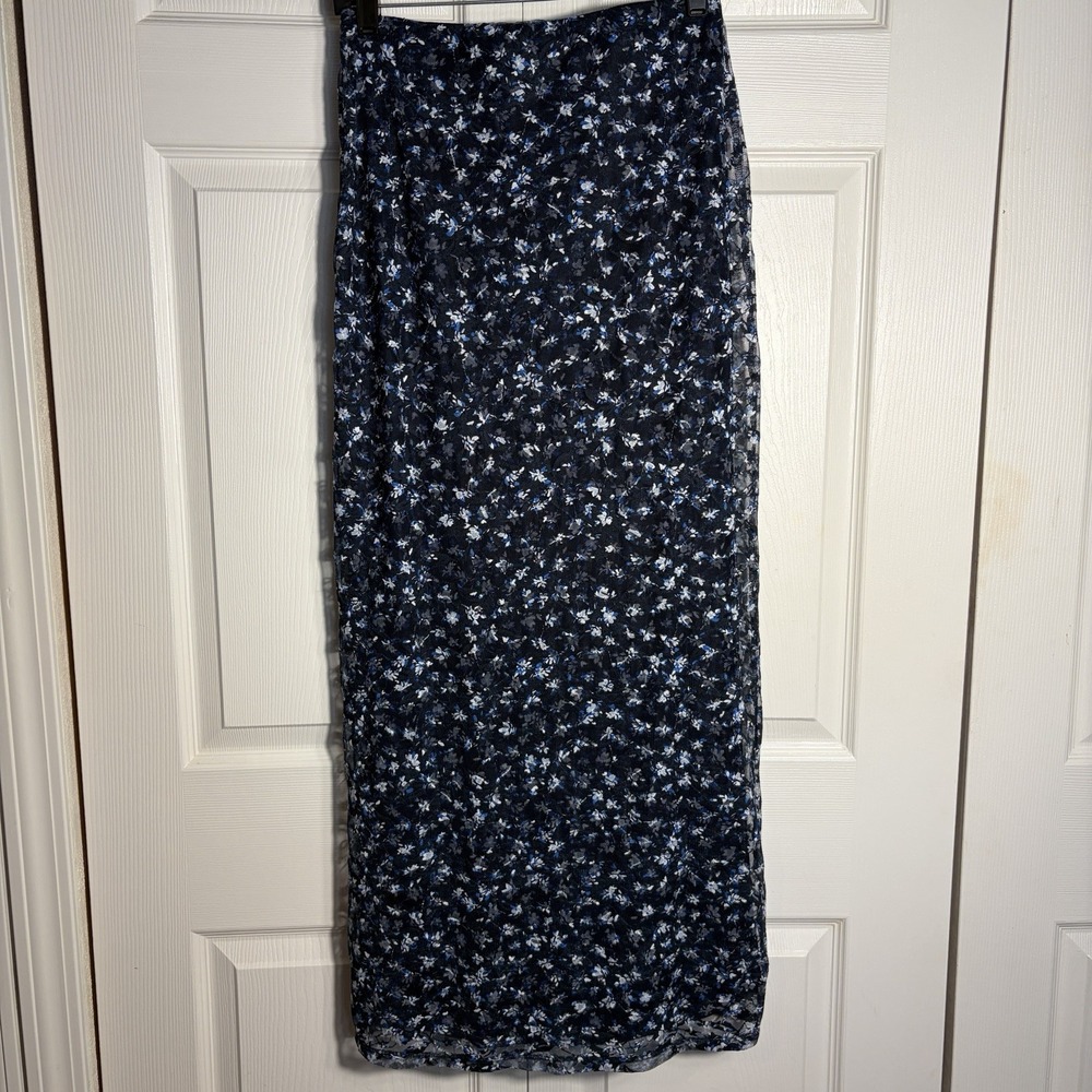 Love Fire Mesh Overlay Maxi Skirt Women M Navy Floral Elastic Waist Whimsigoth